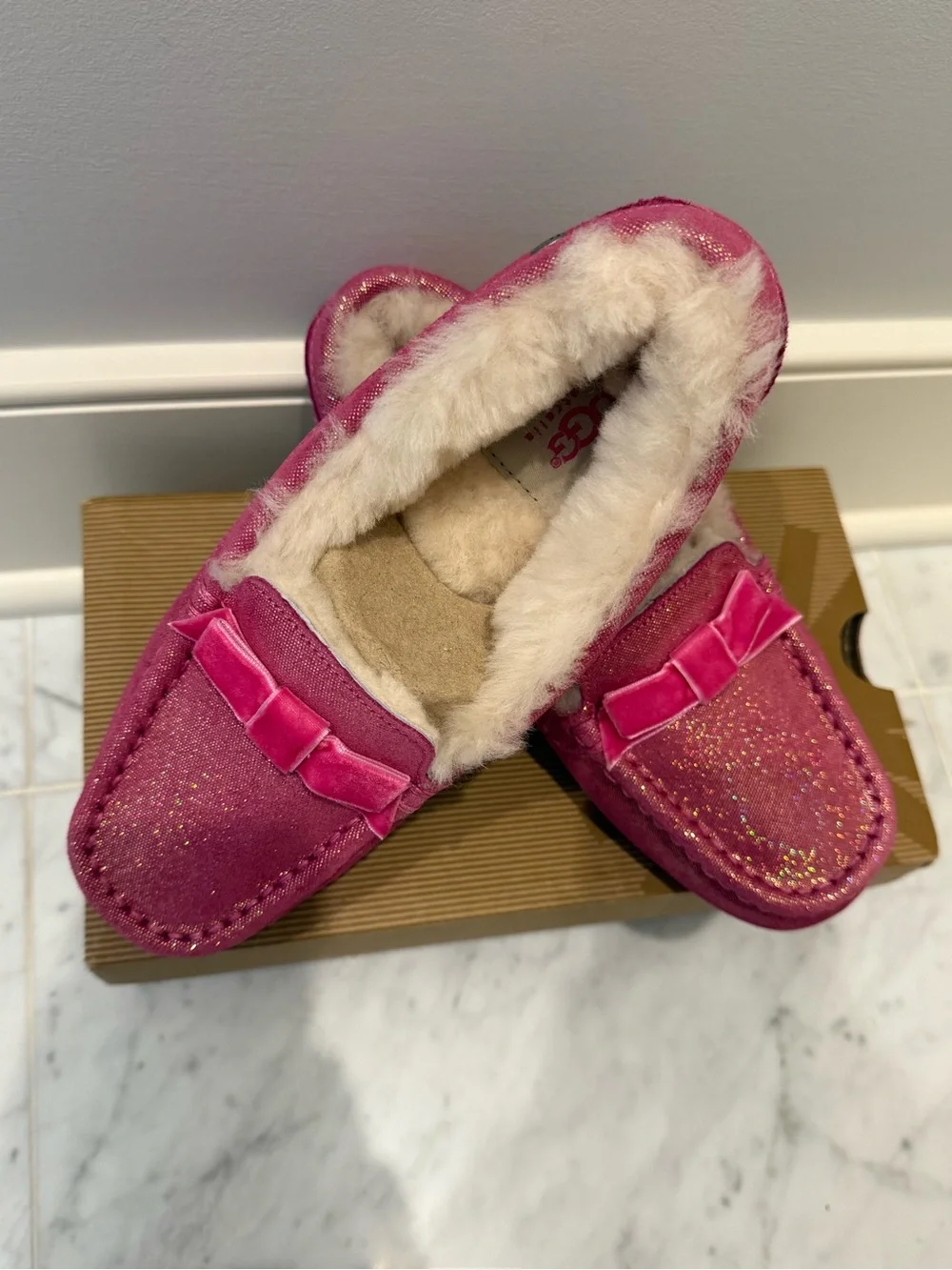 UGG Kids Hot Pink Glitter Bow Moccasin Slippers
